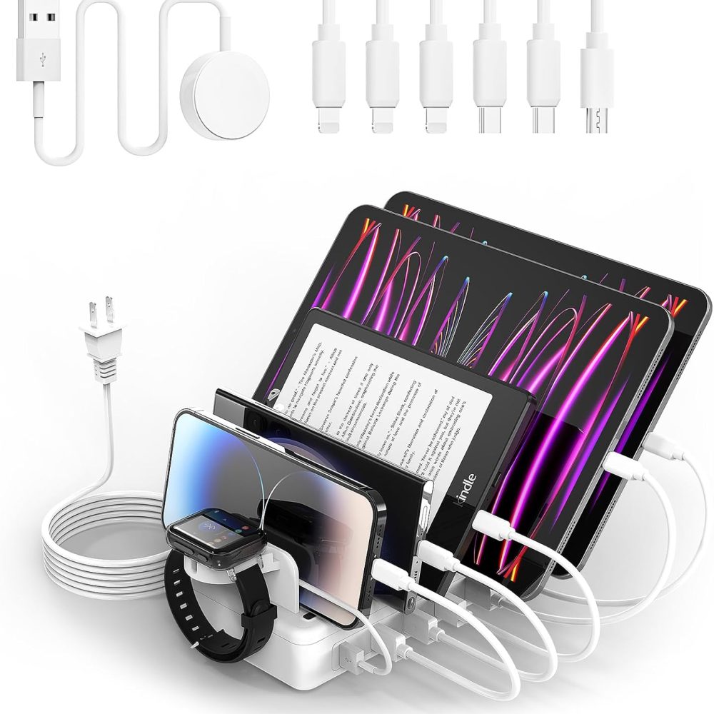 Charging Station Multiple Charger Station - 2025 New 6-Port USB Fast Charging Dock 50W Organizer Station with Watch Charger for iPhone|Android Cell Phone|iPad|Kindle|Watch|Tablet