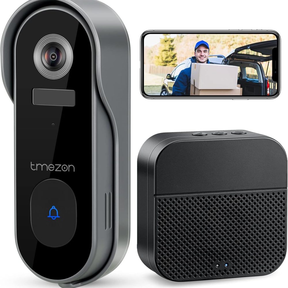 TMEZON Doorbell Camera Wireless, Smart Video Doorbell with Chime for Home Security, 2K Night Vision, PIR Motion Detection, Battery Powered, 2.4ghz WiFi