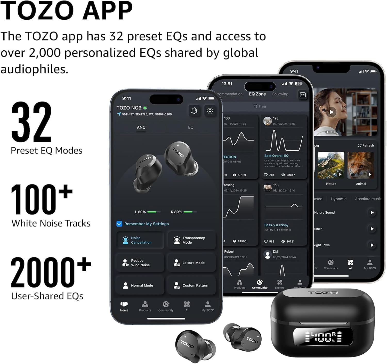 TOZO Hybrid Active Noise Cancelling Wireless Earbuds, 6 Mics ENC Clear Call, IPX8 Waterproof, in Ear Bluetooth 5.3 Headphones Stereo Bass Ear Buds 59H Playtime with LED Display 32 EQs via APP - Image 2