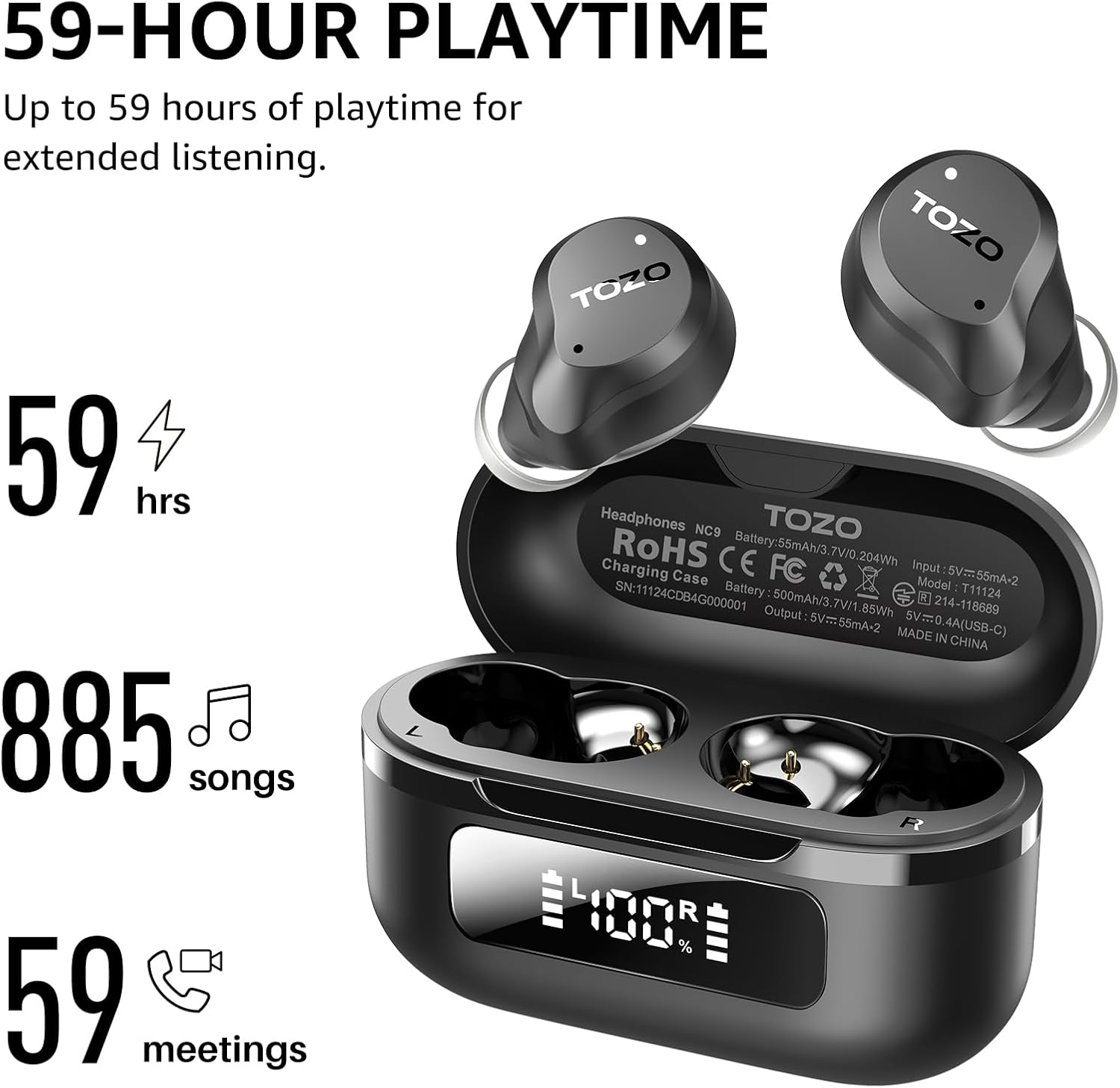 TOZO Hybrid Active Noise Cancelling Wireless Earbuds, 6 Mics ENC Clear Call, IPX8 Waterproof, in Ear Bluetooth 5.3 Headphones Stereo Bass Ear Buds 59H Playtime with LED Display 32 EQs via APP - Image 3